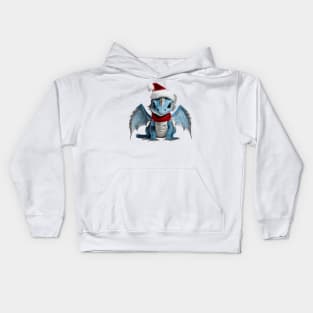 Realistic Artwork of a Cute Blue Baby Dragon Wearing a Red Festive Christmas Hat Kids Hoodie